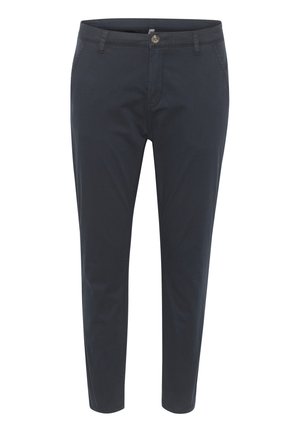 Navy blue cotton chinos with a slim fit. Features a button closure, front pockets, and a smooth texture. No prominent patterns or embellishments.