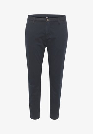 Marineblaue Baumwollchinos mit slim Fit. Mit Knopfverschluss, seitlichen Taschen und glatter Textur. Keine auffälligen Muster oder Verzierungen.