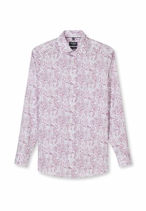 Langärmliges Hemd zum Knöpfen mit weißer Grundfarbe und rosa Blumen-Paisley-Muster, klassischem Kragen und taillierter Passform.