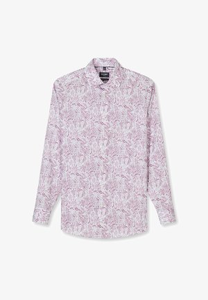 Langärmliges Hemd zum Knöpfen mit weißer Grundfarbe und rosa Blumen-Paisley-Muster, klassischem Kragen und taillierter Passform.