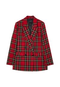 Blazer doppiopetto a quadri rossi con accenti neri e gialli, dotato di revers e due tasche frontali. Tessuto morbido.