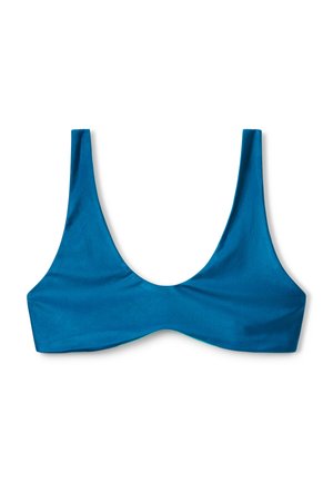 Modrý bikiny top z hladkého, lesklého materiálu. Má hluboký, zaoblený výstřih a široké ramínka. Minimalistický design bez viditelného kování.