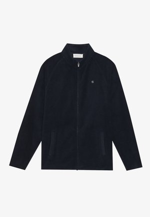 Tmavě námořnická fleecová bunda s vysokým límcem, plným zipem, bočními kapsami a malým logem na hrudi. Měkká textura a lehký design.