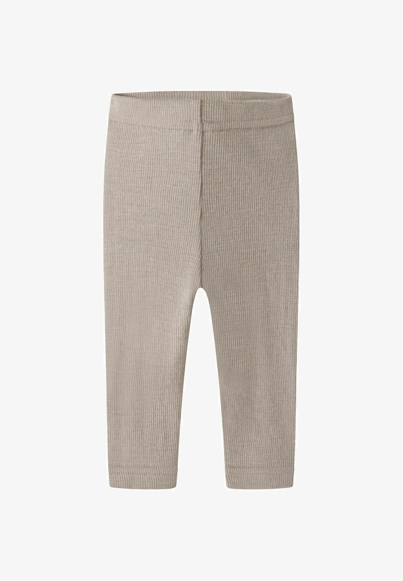Leggings beige en tricot côtelé pour bébé avec une taille élastique, jambes longues et détails de couture simples.