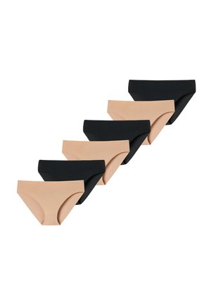 Sechs nahtlose Damen-Bikinislips in abwechselnd schwarzen und beigen Farben diagonal auf weißem Hintergrund angeordnet.