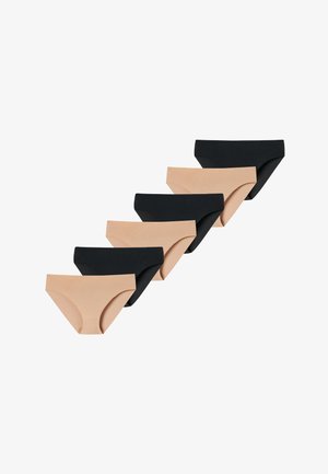 Sechs nahtlose Damen-Bikinislips in abwechselnd schwarzen und beigen Farben diagonal auf weißem Hintergrund angeordnet.