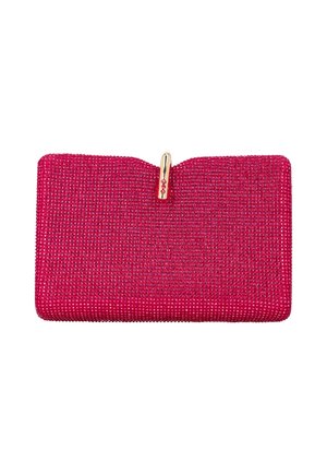 Rektangulær rød clutchtaske dækket af små rhinsten med lukning i guldfarve, der har tre røde ædelsten.