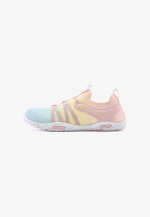 Athletic shoes with a flexible knit upper, featuring a gradient from light blue to yellow and pink, elastic straps, and a textured white sole.