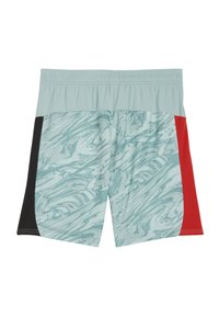 Shorts da nuoto in azzurro chiaro con un motivo a spirale, dotati di pannelli laterali rossi e neri. Realizzati in materiale liscio e elastico con una vita elastica.