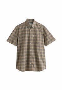 Short-sleeve plaid shirt in beige, brown, and dark green. Button-down collar, front pocket, and clean finish with contrasting buttons.