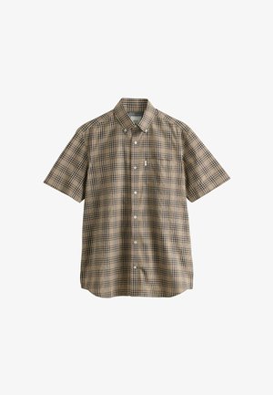 Košeľa s krátkym rukávom s károvaným vzorom v béžovej, hnedej a tmavozelenej farbe. Golier na gombíky, predná vrecko a čisté spracovanie s kontrastnými gombíkmi.