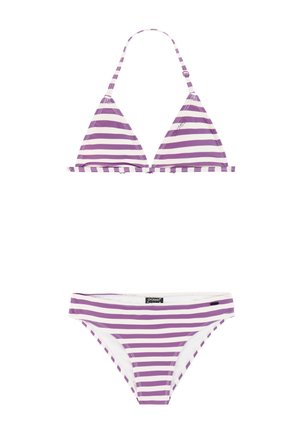 Tweedelig bikini met witte en lavendelkleurige horizontale strepen, verstelbare halternek top en bijpassende slip met lage taille.