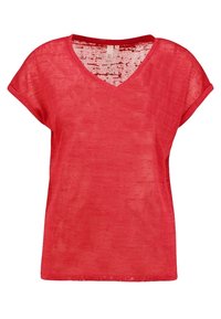 T-shirt rossa con scollo a V e maniche corte, caratterizzata da una texture leggera e leggermente trasparente con una vestibilità comoda. Senza motivi o accenti evidenti.