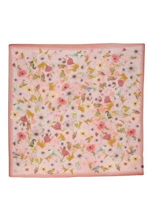 Seidenschal mit rosa Rand, der ein dichtes Muster aus pastellfarbenen Blumen und kleinen bunten Vögeln auf dem Stoff zeigt.