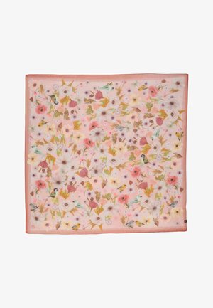 Silk scarf with a pink border featuring a dense pattern of pastel flowers and small colorful birds scattered across the fabric.