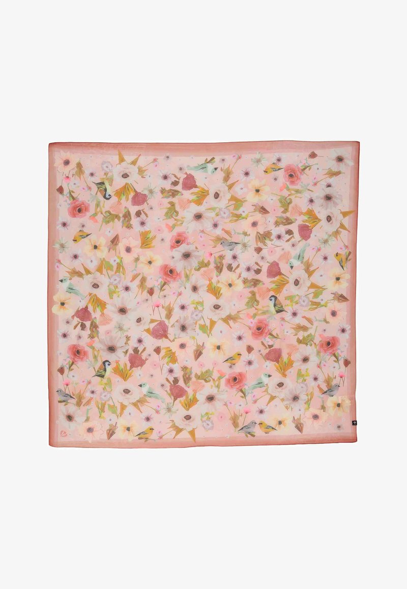 Seidenschal mit rosa Rand, der ein dichtes Muster aus pastellfarbenen Blumen und kleinen bunten Vögeln auf dem Stoff zeigt.
