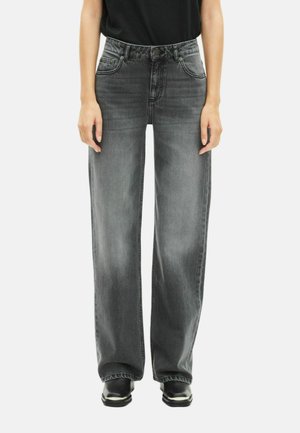 Weite Jeans aus dunkelgrau Denim mit einem ausgewaschenen Finish. Verfügt über Fronttaschen, einen klassischen Knopfverschluss und kontrastierende Nähedetails.