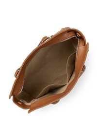 Sac à main en cuir tan avec fermeture éclair, texture lisse et poche intérieure. La vue de dessus ouverte révèle un intérieur spacieux et non doublé.