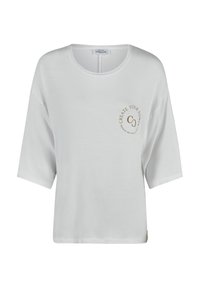 Weißes kurzärmliges T-Shirt aus weichem Stoff. Mit Rundhalsausschnitt und einem kreisförmigen goldenen Druck, der "CREATE YOUR POWER" lautet.