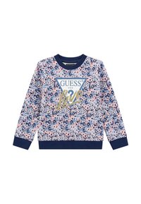 Felpa floreale in rosa e blu navy, con il logo "GUESS USA" in bianco e oro. Tessuto morbido con polsini e orlo a costine.