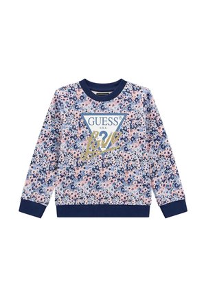 Felpa floreale in rosa e blu navy, con il logo "GUESS USA" in bianco e oro. Tessuto morbido con polsini e orlo a costine.