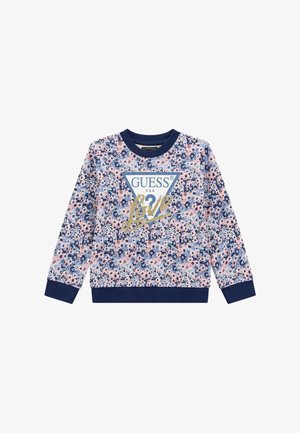 Sweatshirt floral în roz și marin, cu un logo "GUESS USA" în alb și aur. Textură moale, cu manșete și tiv cu nervuri.