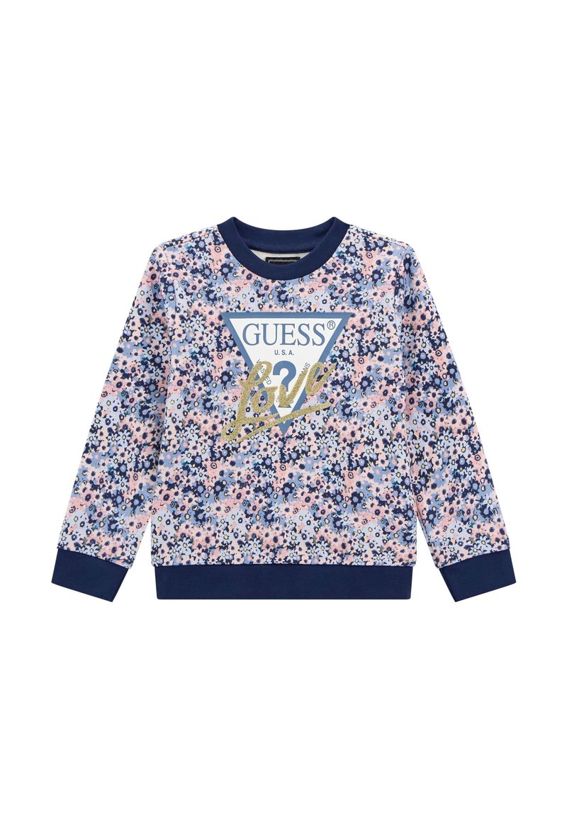 Felpa floreale in rosa e blu navy, con il logo "GUESS USA" in bianco e oro. Tessuto morbido con polsini e orlo a costine.
