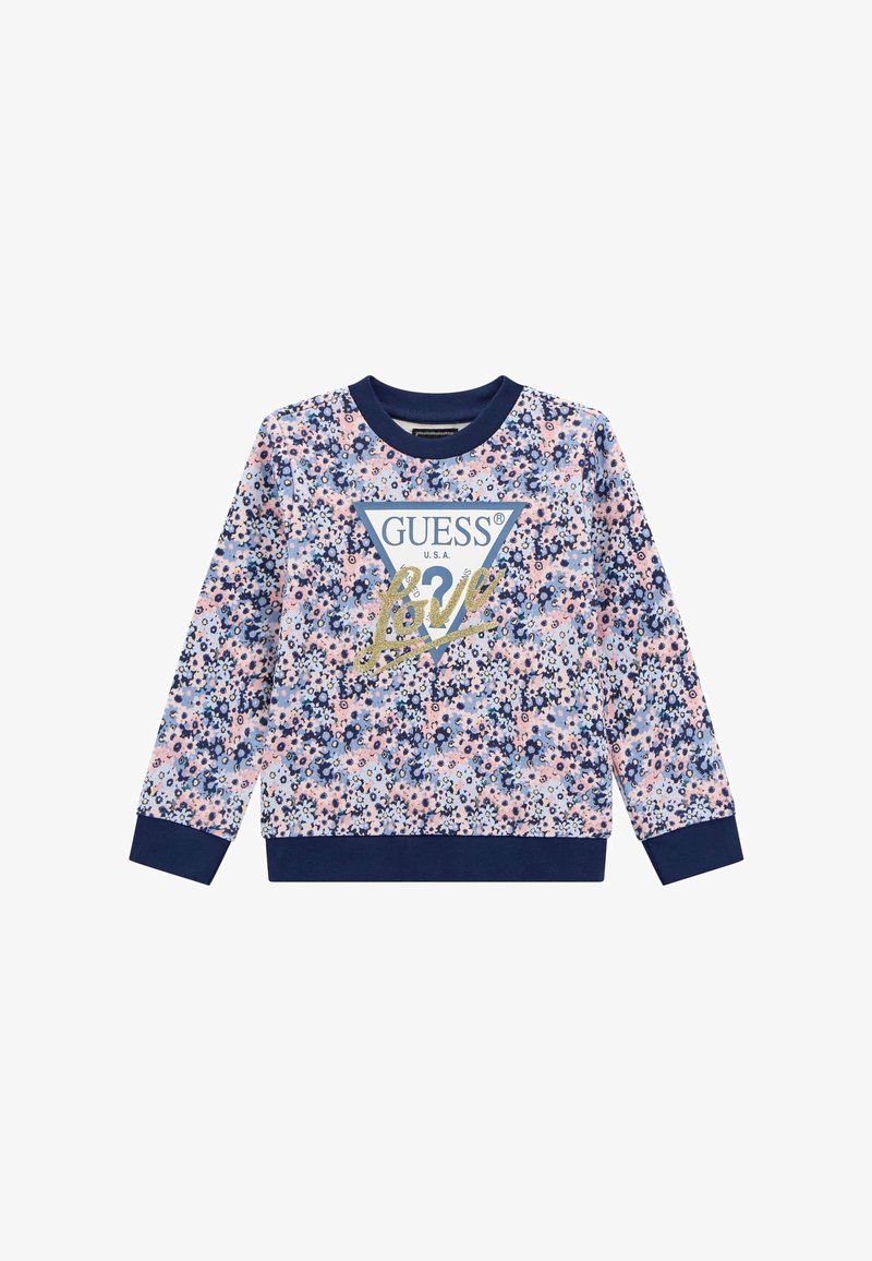 Felpa floreale in rosa e blu navy, con il logo "GUESS USA" in bianco e oro. Tessuto morbido con polsini e orlo a costine.