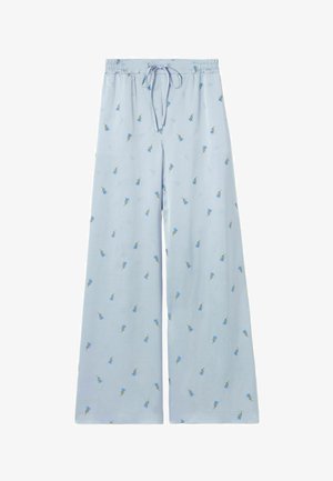 Pantaloni a gamba larga azzurri realizzati in tessuto morbido, con vita regolabile con coulisse e motivi floreali sparsi in blu e verde.