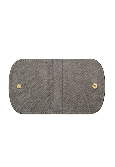 Gray textured leather wallet open flat with two card slots and gold snap button closures on each side.
