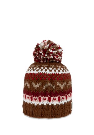 Bonnet d'hiver tricoté marron avec des motifs blancs, rouges et beiges et un pompon multicolore sur le dessus, présenté sur fond blanc.
