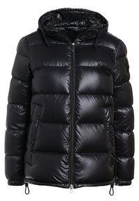 Svart puffjacka med huva, utrustad med dragkedja, quiltad design och elastiska mudd. Tillverkad av glansigt, mjukt tyg med en strömlinjeformad silhuett.