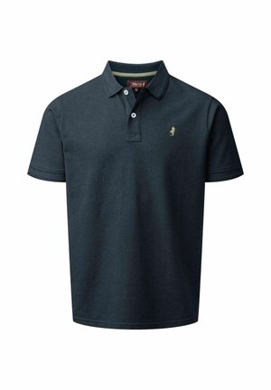 Polo azul marino de algodón, con tapeta de dos botones, mangas cortas y un pequeño logo bordado en el pecho.