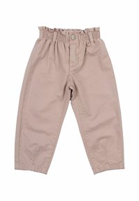 Roze, pamučne hlače s nabraneom strukom, detaljem dugmeta sprijeda i suženim nogavicama. Mekana tekstura s minimalnim bora.