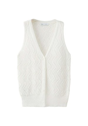 Gilet bianco lavorato a maglia senza maniche con motivo a zigzag e bottoni frontali, con collo a V e orlo a coste.