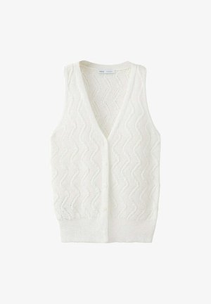 Gilet bianco lavorato a maglia senza maniche con motivo a zigzag e bottoni frontali, con collo a V e orlo a coste.