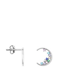 Silverörhängen i halvmåneform, prydda med olika färgade stenar i ett klusterdesign, med en slät metallfinish.