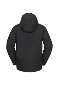 Chaqueta impermeable negra con capucha, con mangas largas y cierre con cremallera en la cintura. Textura suave sin patrones visibles.