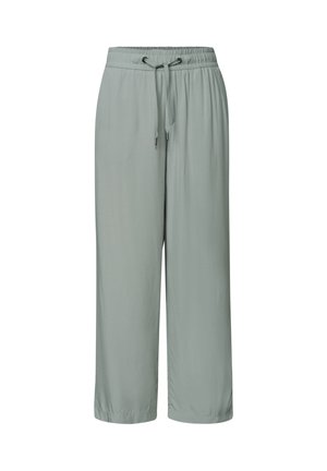 Pantalon large gris clair avec taille élastique et cordon, tissu lisse, sans poches visibles ni motifs.