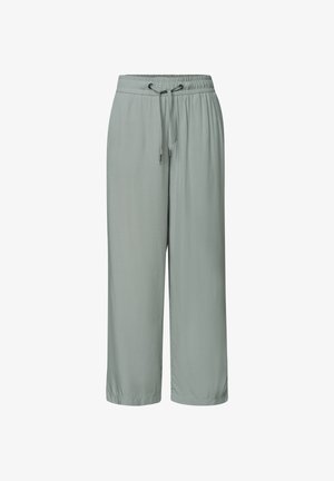 Pantalon large gris clair avec taille élastique et cordon, tissu lisse, sans poches visibles ni motifs.
