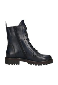 Schwarze Lederknöchelstiefel mit dickem Profilsohle, seitlichem Reißverschluss und vorderer Schnürung.