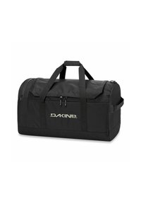 Sac de sport noir en tissu durable, avec double fermeture éclair, poignée supérieure, poches latérales et un logo "DAKINE" en argent bien en vue.