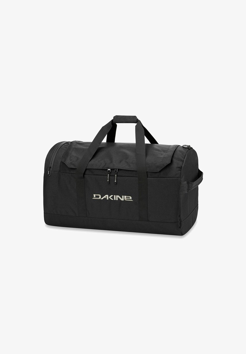 Schwarze Duffel-Tasche aus strapazierfähigem Gewebe, mit doppeltem Reißverschluss, Obergriff, Seitentaschen und einem auffälligen silbernen "DAKINE"-Logo.