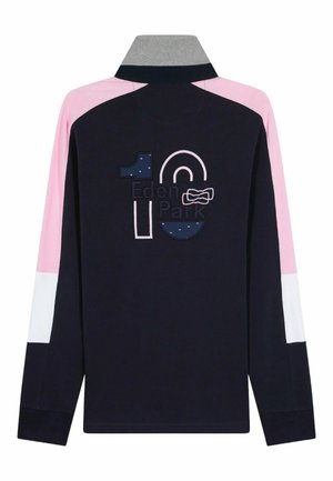 Polo à manches longues marine avec des manches roses et blanches. Présente un grand '16' et le logo "Eden Park" dans des couleurs contrastées au dos.