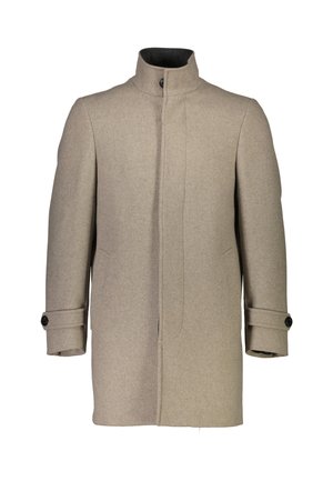 Abrigo de lana beige para hombre con cuello alto, botones frontales ocultos, bolsillos laterales y detalles de correas abotonadas en las mangas.