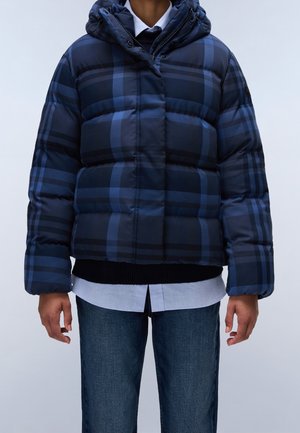 Person wearing a blue and black plaid puffer jacket with hood over a white shirt and dark blue jeans, standing with arms relaxed.