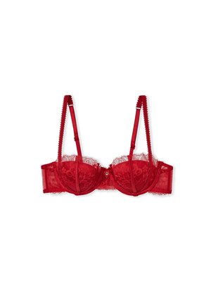 Roter Spitzen-BH mit Bügel, durchsichtigen Cups, floralen Muster und gewellten Kanten. Verstellbare Träger und ein zentrales dekoratives Detail.