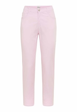 Light pink slim-fit pants with front button, zipper, and five-pocket design.