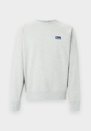 Lichtgrijze crewneck-trui met lange mouwen en een klein rechthoekig blauw logo op de borst.