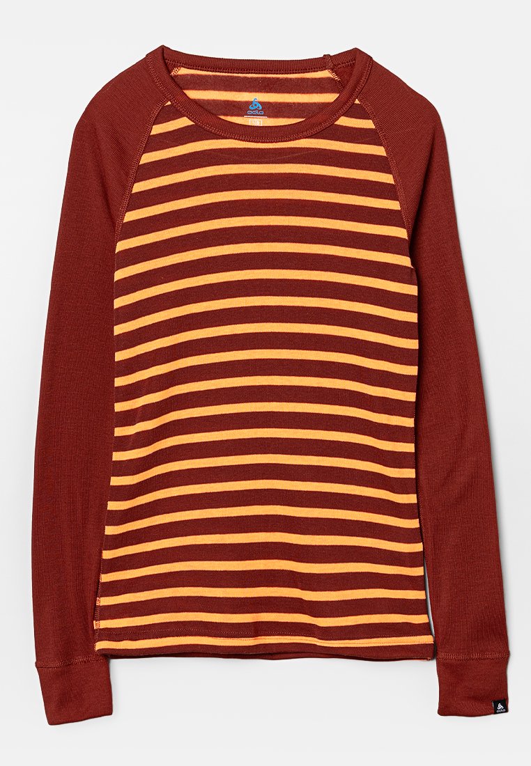 Chemise à manches longues avec un corps bordeaux et des rayures horizontales jaunes. Dotée d'un col rond et de manches raglan en tissu texturé.